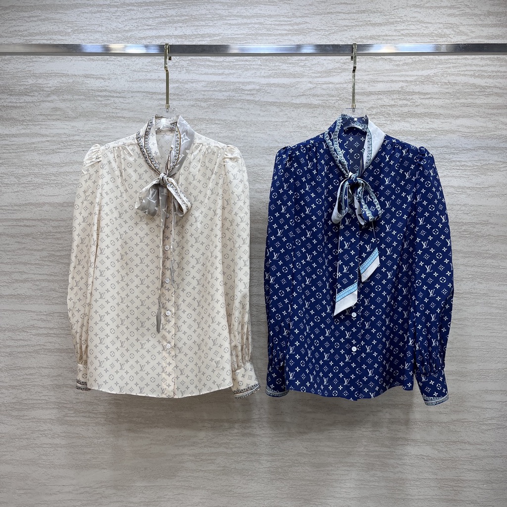 Áo sơ mi dài tay thắt nơ nữ trang trí logo Louis Vuitton LV tinh tế