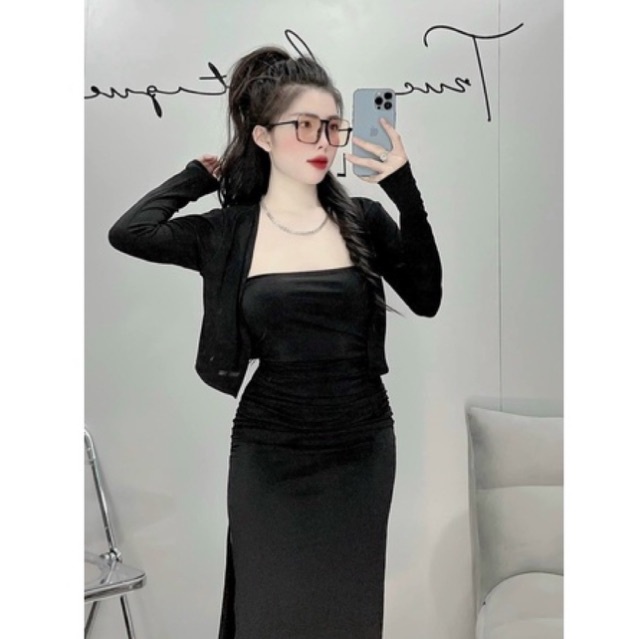 Sét Đầm Xẻ Kèm Áo Khoác-D02-