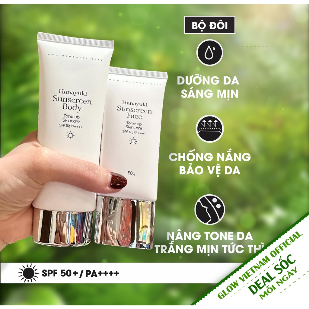 Sỉ Set kem chống nắng nâng tone trắng da cho mặt và toàn thân Hanayuki Sun Screen Face & Body SPF 50 PA ++++ chính hãng