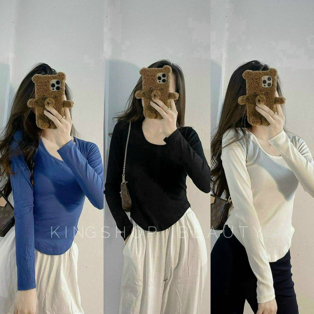 Áo thun body dài tay cổ vuông vạt bầu chất thun gân