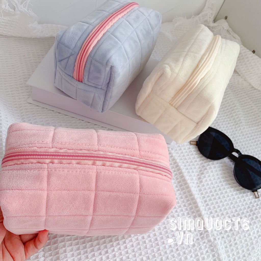 Túi đựng bút, đồ trang điểm vải nhung bông mềm mại cỡ lớn màu pastel xinh xắn phong cách Hàn Quốc TMP41