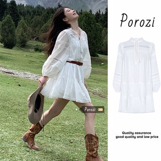 Porozi  Đầm Ren Trắng Dài Tay Phong Cách Công Chúa Nữ Tính