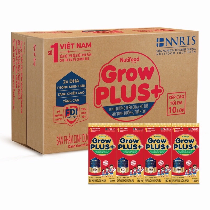 Thùng 48 hộp sữa bột pha sẵn Nuti Grow Plus đỏ 180ml hàng chuẩn date bao mới.