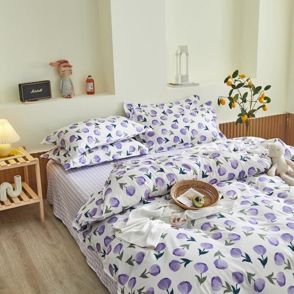 Bộ chăn ga gối 4 món cotton poly ETAMI hoa tulip tím , miễn phí bo chun ga giường  (chưa kèm ruột)