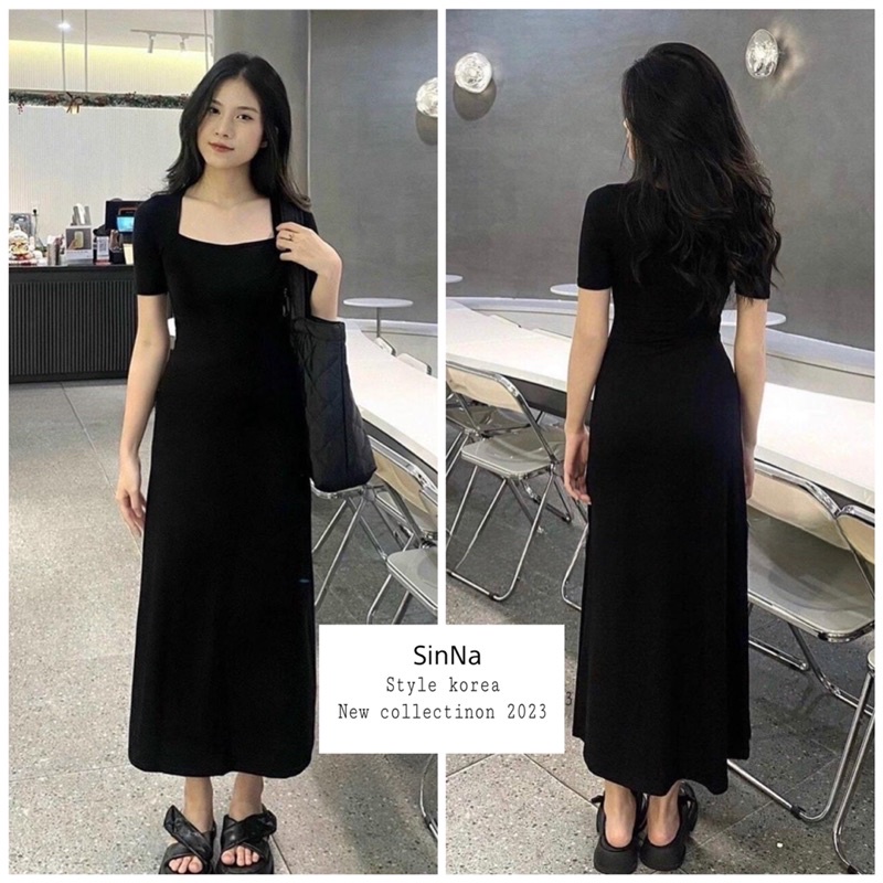 Đầm midi đen trơn dáng dài cổ U cộc tay tôn dáng -SinNa