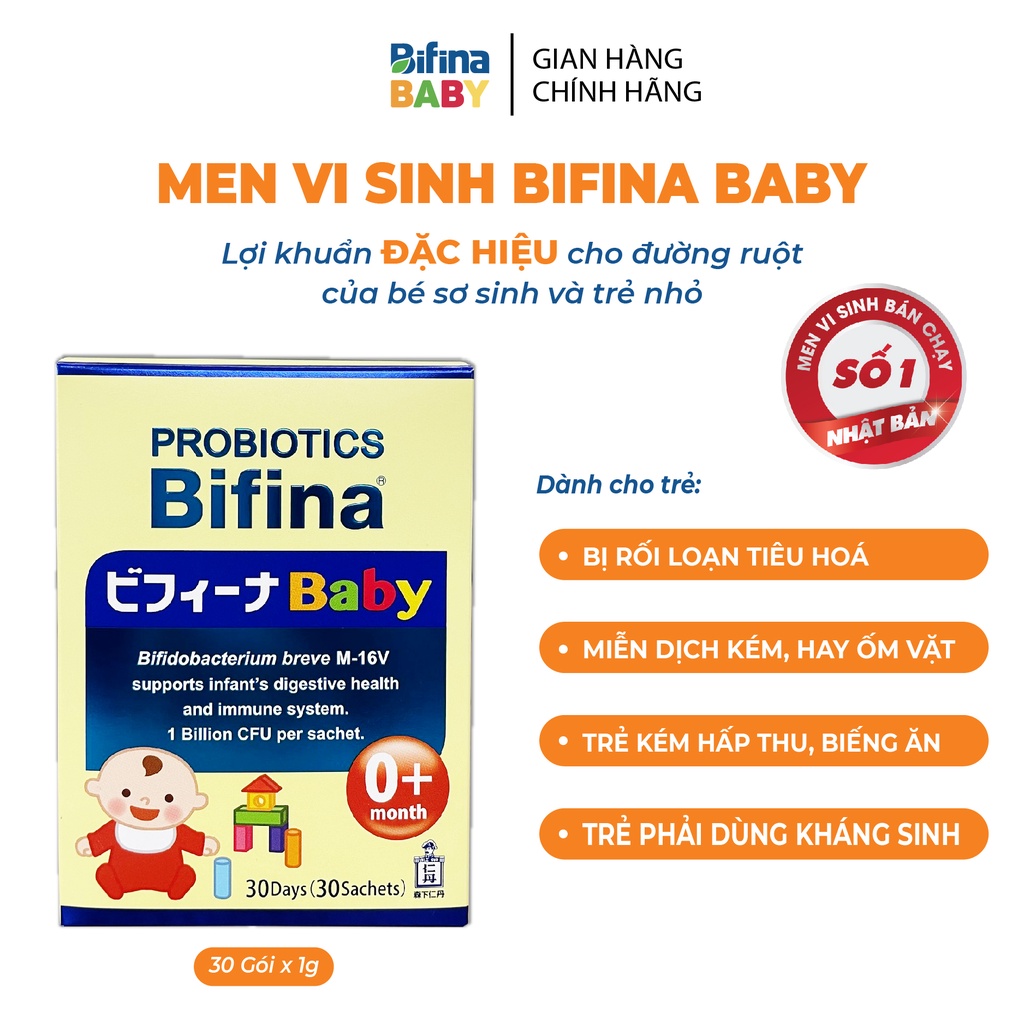 Men vi sinh Bifina Baby Nhật Bản - Hộp 30 gói - Chuyên biệt cho trẻ bị táo bón, tiêu chảy, rốl loạn tiêu hóa