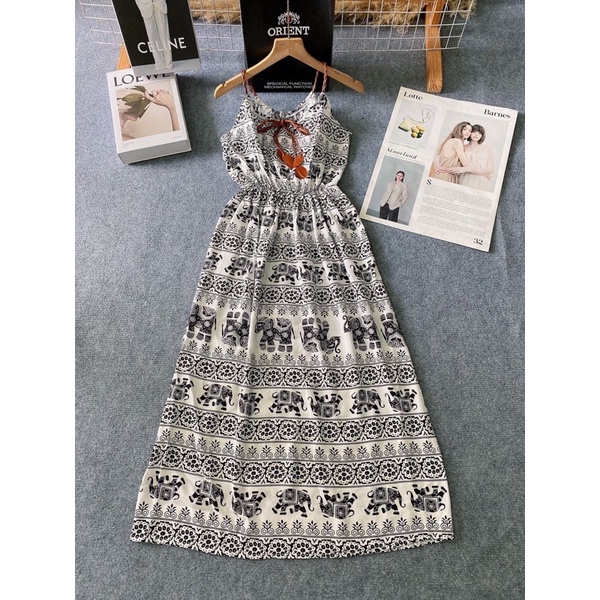 Váy Đi Biển Maxi Dài Hoạ Tiết Thổ Cẩm Siêu Sang