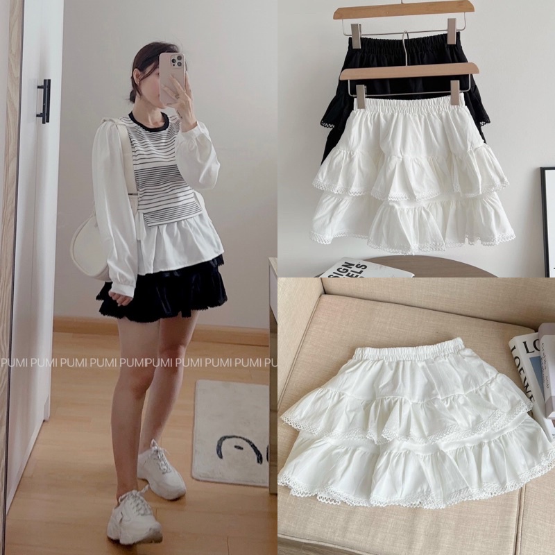 Chân váy xòe tầng phối ren lưng thun freesize Pumi