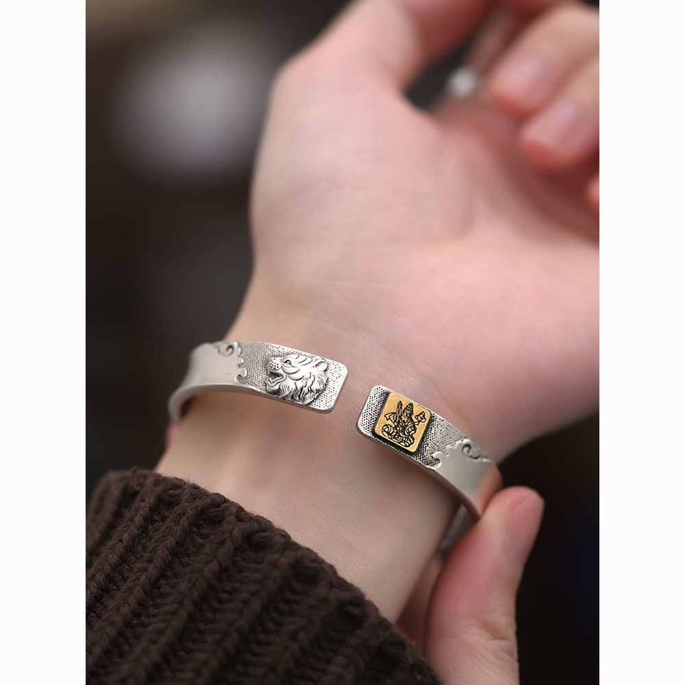 Vòng Tay Rơm Bạc Sterling 3.1 Mặt Hình Trái Tim Khắc Chữ sutra six Siconus Benming 999 Kiểu Phật Giáo Cổ Điển Cho Nam Và Nữ