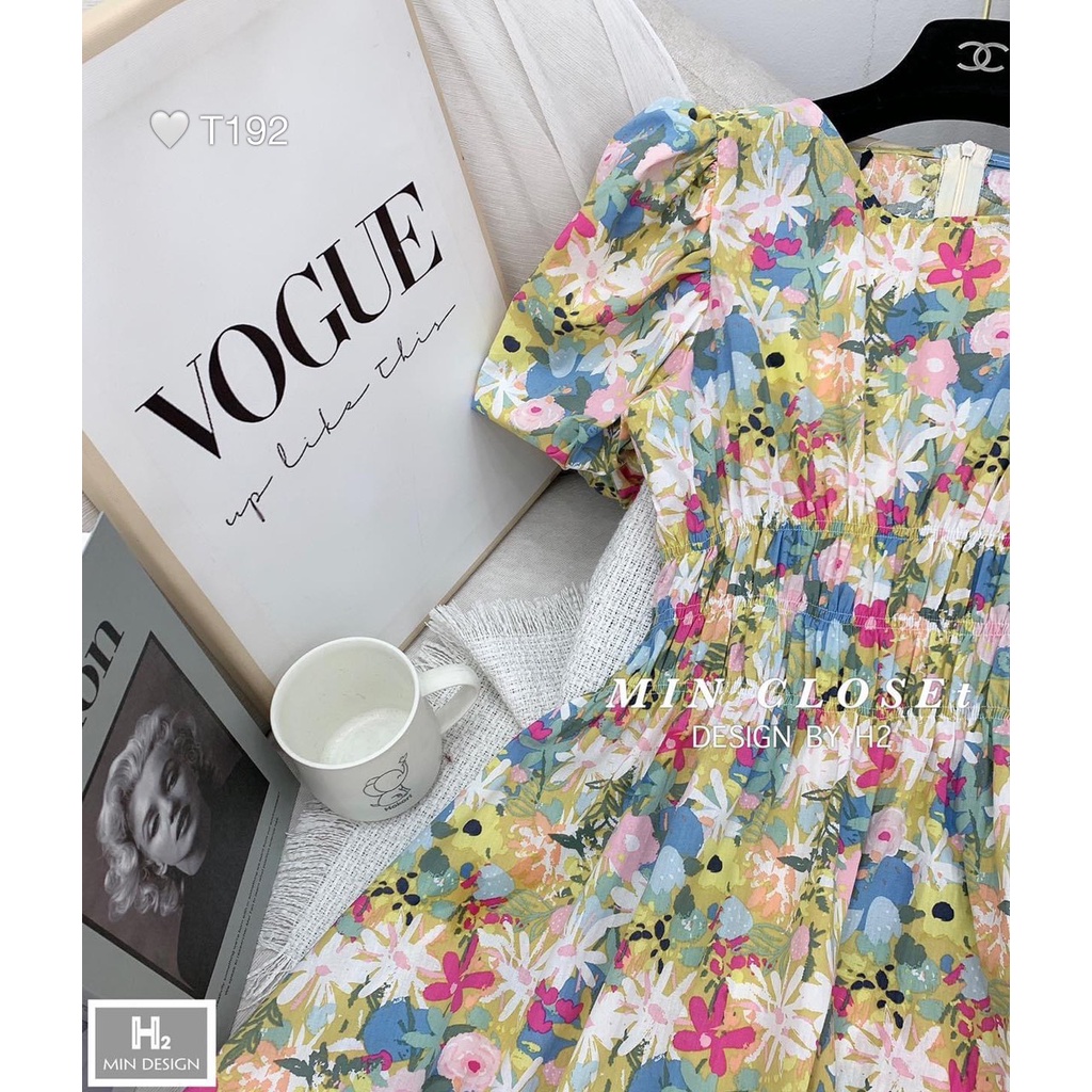 Đầm Váy Hoa Nhí Phối Nhún Eo Cổ Bèo Tay Bồng Dáng Babydoll Vải Thô Mát Hàng Đẹp Chuẩn Hình Thật