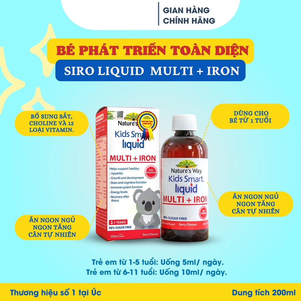 Siro Nature's Way Kids Smart Multi Iron Liquid của Úc lọ 200ml bổ sung sắt và các vi chất cần thiết cho trẻ nhỏ