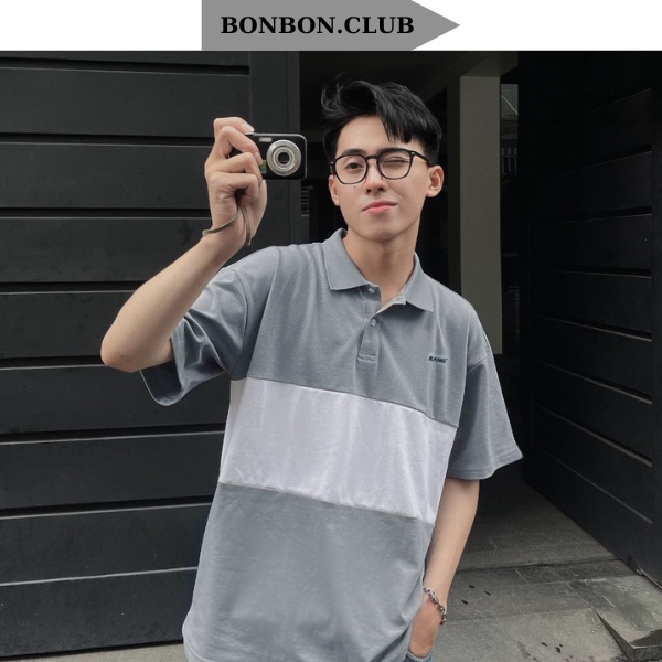 Áo Polo Thun Form Rộng Unisex Locadrand Nam Nữ Oversize Chất Vải Cá Sấu Cao Cấp 2 Màu Xám Sọc Trắng BONBON.CLUB