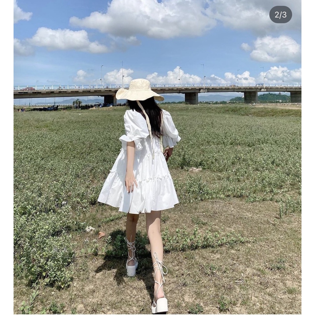 ĐẦM BBD CỔ V XÒE TRẮNG TAY BO BÈO (TH)