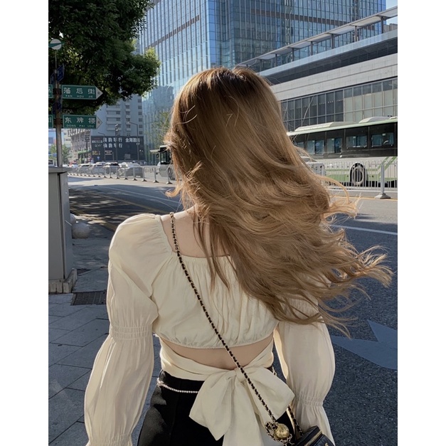 Áo croptop bo chun tay cổ vuông cổ thuyền trễ vai nơ lưng ,kiểu cúp ngực dài tay xinh xắn và hiện đại đi chơi đi du lịch