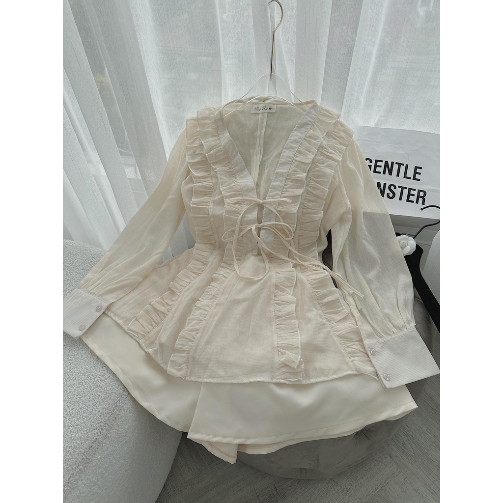 SET ÁO NUDE VIỀN BÈO THẮT NƠ TAY DÀI + SHORT