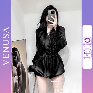 Jumpsuit lụa nữ dài tay chun bo eo phối tay lông vũ sang chảnh VENUSA
