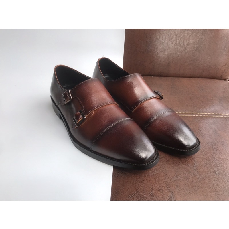 Giày da bò nam monk strap nâu patina
