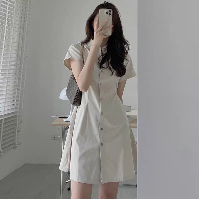 Váy sơ mi cộc tay cổ đức big size dáng dài, Đầm nữ ulzzang form rộng basic nhiều màu