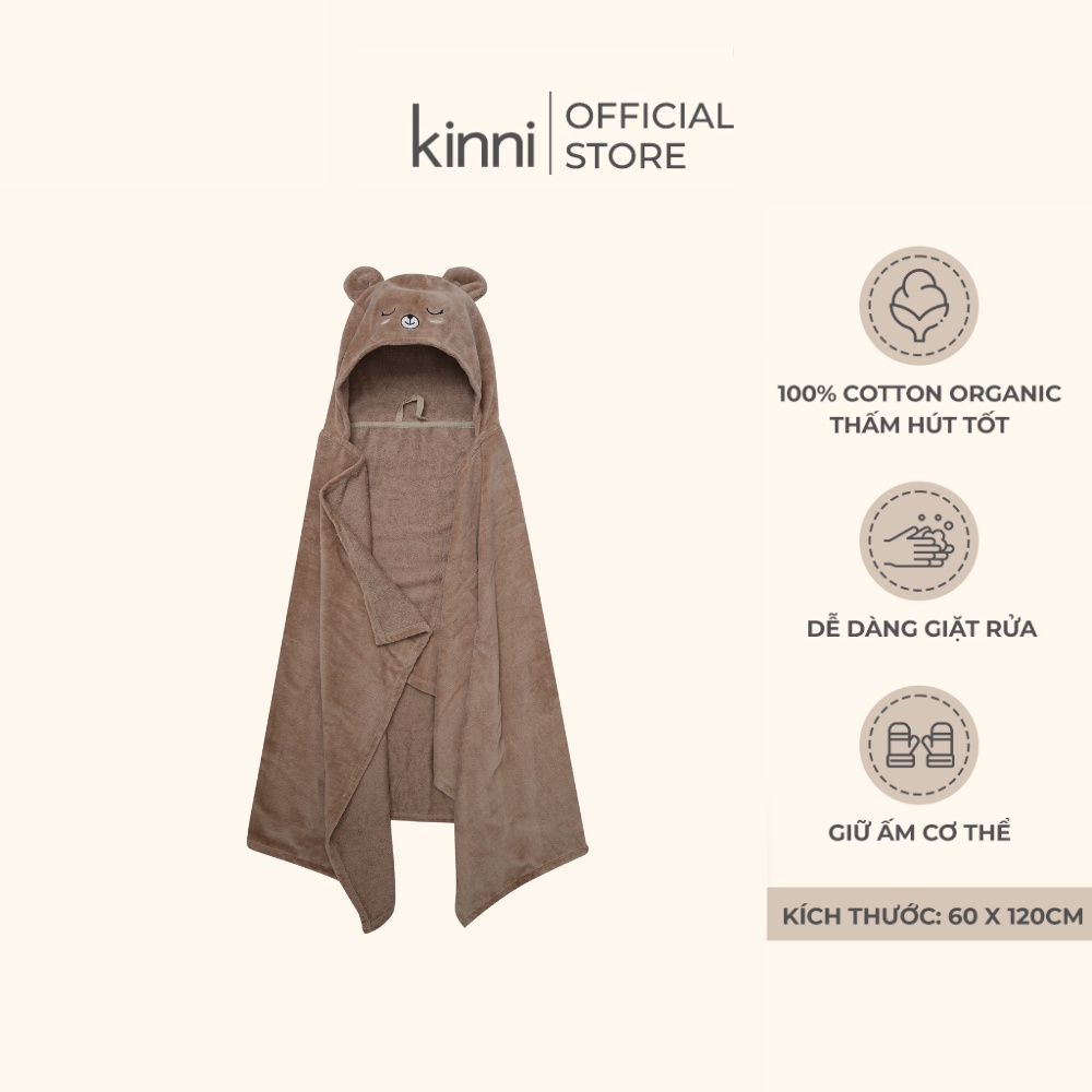 Khăn Choàng Tắm KINNI Thiết Kế Có Mũ Trùm Đầu Giữ Ấm, Chất Liệu Cotton, Mềm Mại Cho Bé