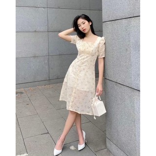BLINK Váy Hoa Đầm Hoa Tơ Cổ Vuông Ly Ngực Tay Phồng