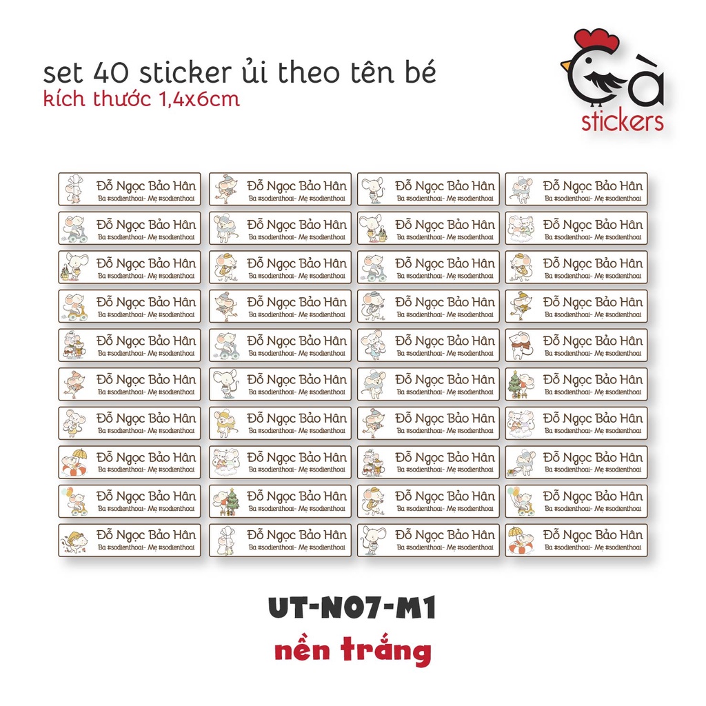 Sticker ủi áo in tên trẻ em GaStickers UT-N07- bộ 40 miếng kích thước 1,4 x 6 cm