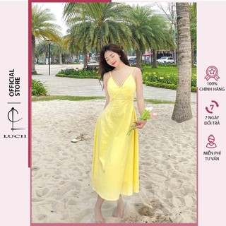 Đầm maxi LUCII váy hai dây đi biển dáng xoè vải đũi hai lớp thiết kế - LU19