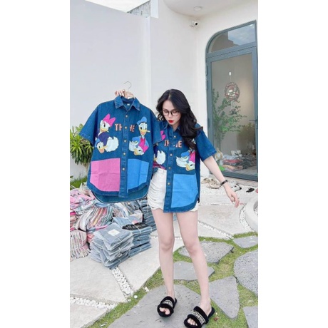 Áo sơ mi vải jeans vịt Donald, gấu vàng cute mẫu hootrend 2023 xuất xứ việt nam