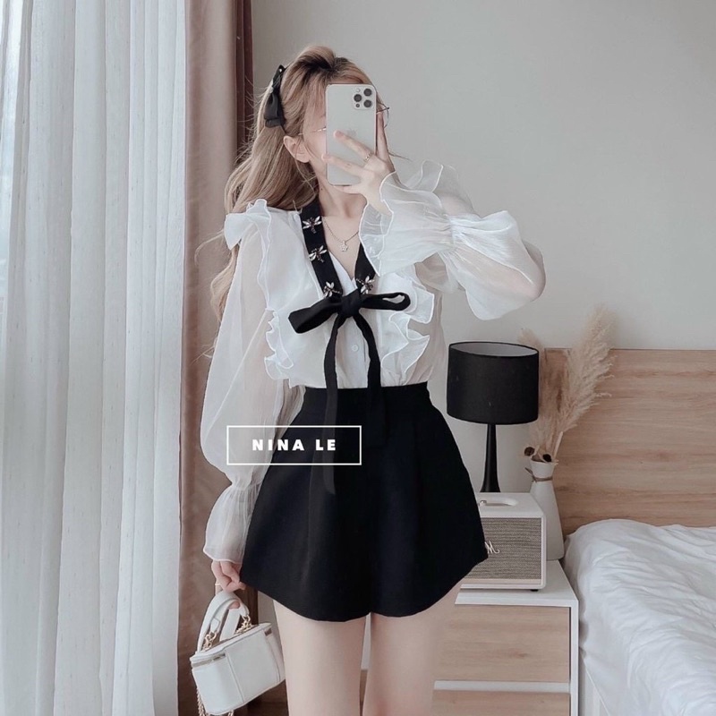 Sét bộ đồ nữ áo sơ mi họa tiết ong cột nơ quần đùi trẻ trung Vip 55