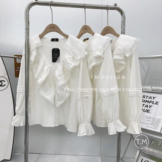 Áo sơ mi trắng cổ tim phối bèo cao cấp, áo sơ mi nữ cổ bèo cực xinh