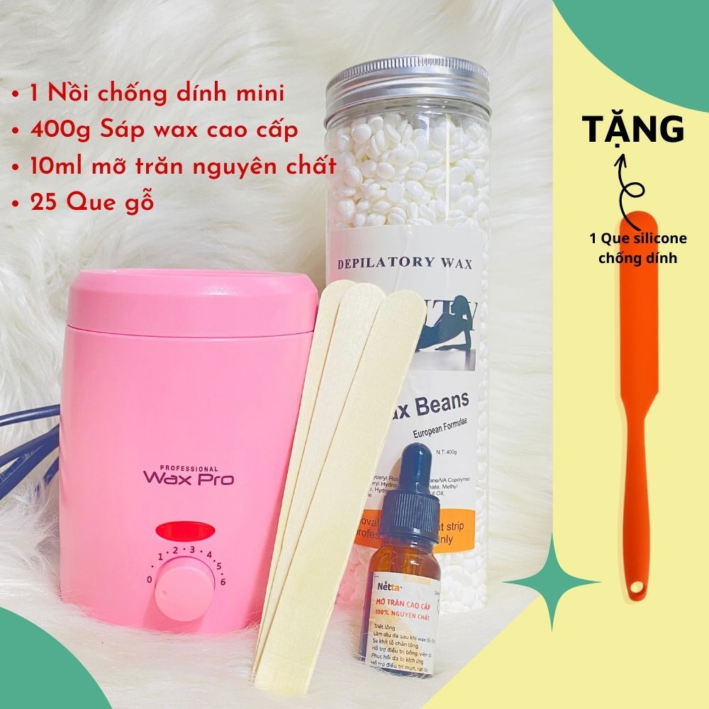 Combo Nồi chống dính mini +400g sáp wax cao cấp+Mỡ trăn 10ml nguyên chất + 25 Que gỗ - Tặng que silicone