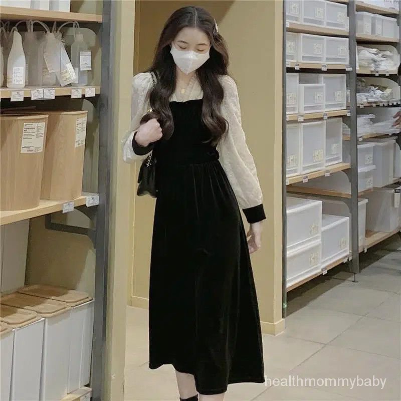 Trang Phục Cho Con Bú  Đi Chơi  Hai Mảnh Váy Liền Mùa Thu   Váy Cho Con Bú Qua Đầu Gối Ren Khâu Nhung