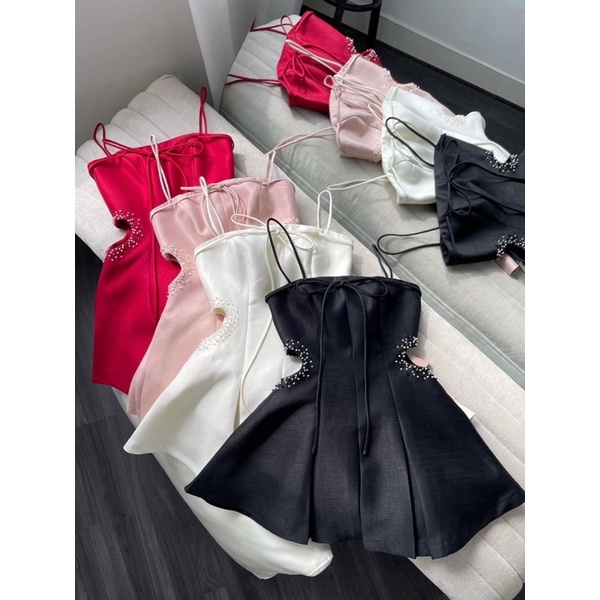 Đầm 2 dây tapta khoét eo đính đá siêu nữ tính, tùng xếp ly tôn dáng