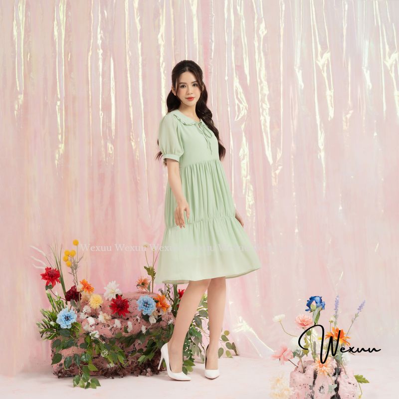 Đầm nữ babydoll cổ bèo buộc nơ chất tơ lót lụa cao cấp Wexuu, thiết kế dáng xòe nhẹ nhàng tiểu thư thanh lịch- V18