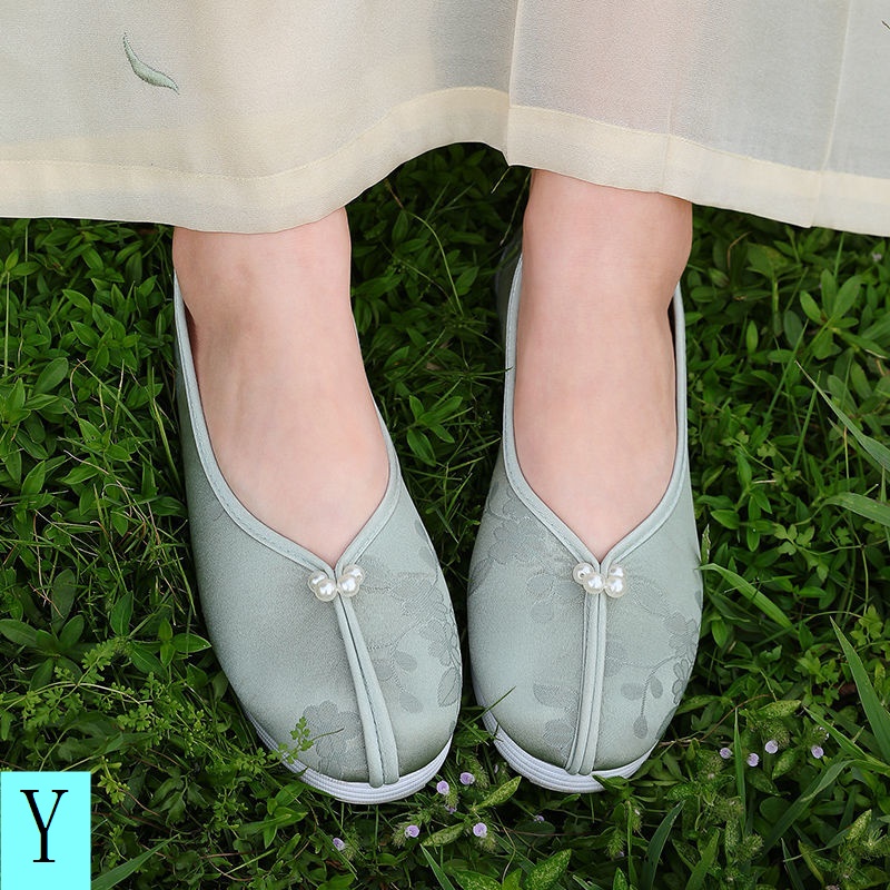 Giày Búp Bê Vải Mũi Tròn Thêu Họa Tiết Đính Ngọc Trai Phong Cách Trung Hoa