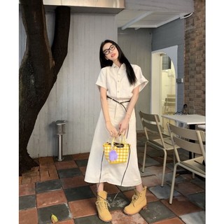 Set áo nude cổ sơ mi chân váy midi