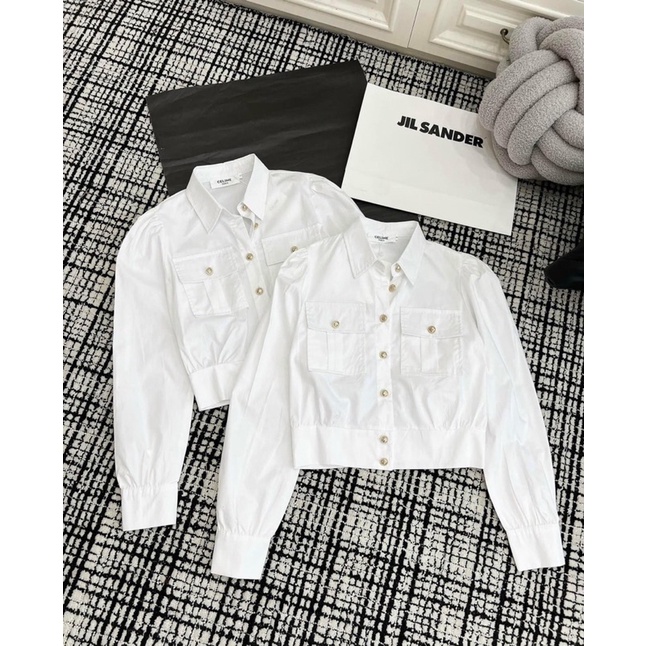 Sơ mi trắng tay dài dáng croptop vải thô mềm cao cấp nút đồng