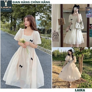 Đầm tiểu thư xinh xắn - Váy trắng xòe đính nơ - Váy công chúa cổ vuông siêu xinh cho nàng thơ - LAIKA