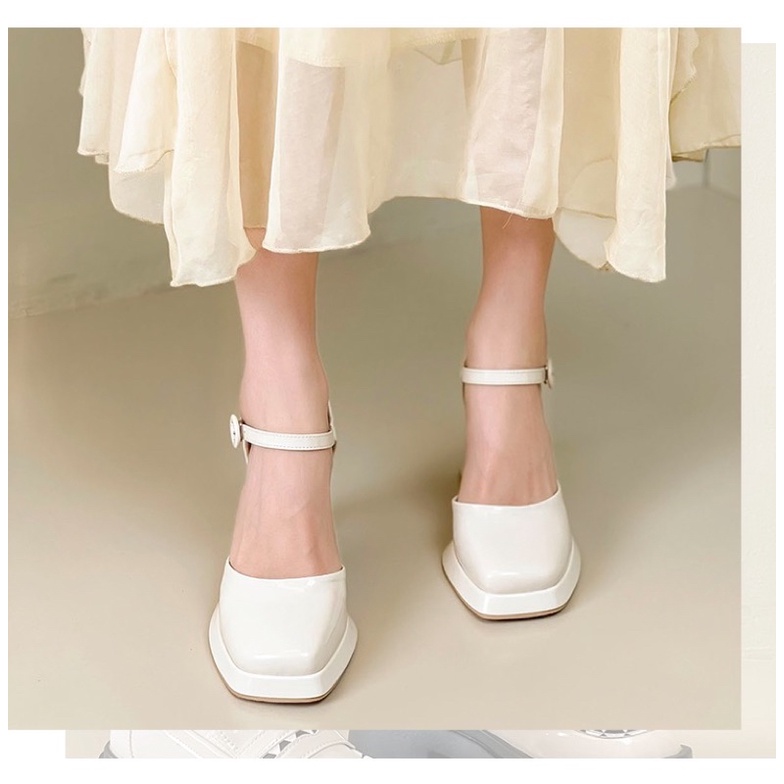 Giày búp bê nữ da bóng gót vuông cao 9cm có khoá cài