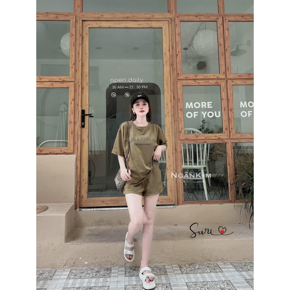 Set Đùi Cộc Chữ LOSANGELES Chất Đẹp 3158 Cotton Khô Tay Lỡ Nam Nữ Bộ Đùi Thể Thao Basic