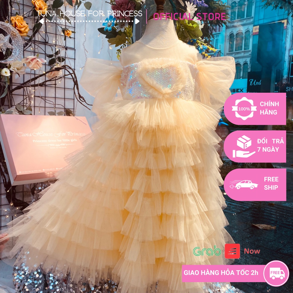 Váy đầm xoè công chúa thiết kế cho bé gái trễ vai kim sa nhiều tầng màu be - Tuna House For Princess