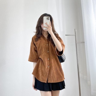 Áo sơ mi tay cộc nam nữ dáng rộng cao cấp vải nhung tăm