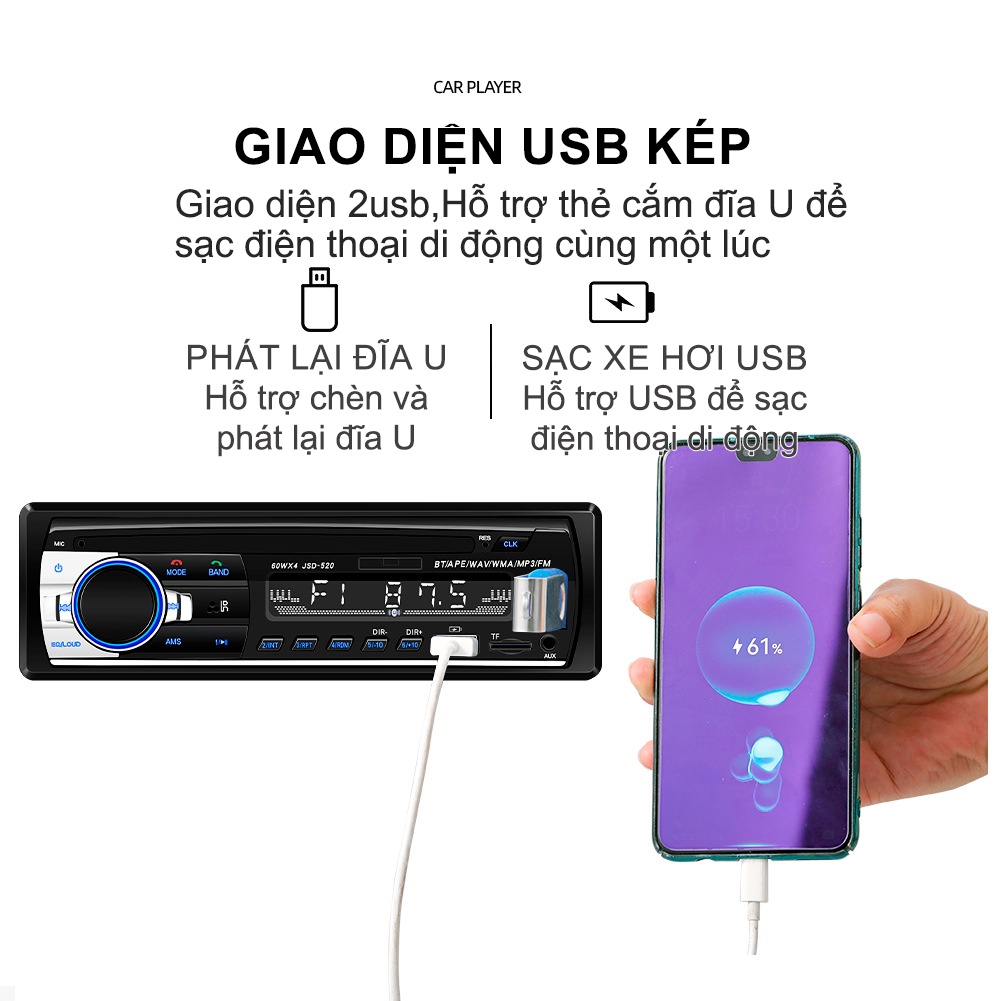 Máy nghe nhạc mp3 ,Đầu phát nhạc MP3 FM Radio 12V bluetooth V2.0 JSD520 Cho Xe Hơi, hỗ trợ USB / SD / AUX-IN / FM