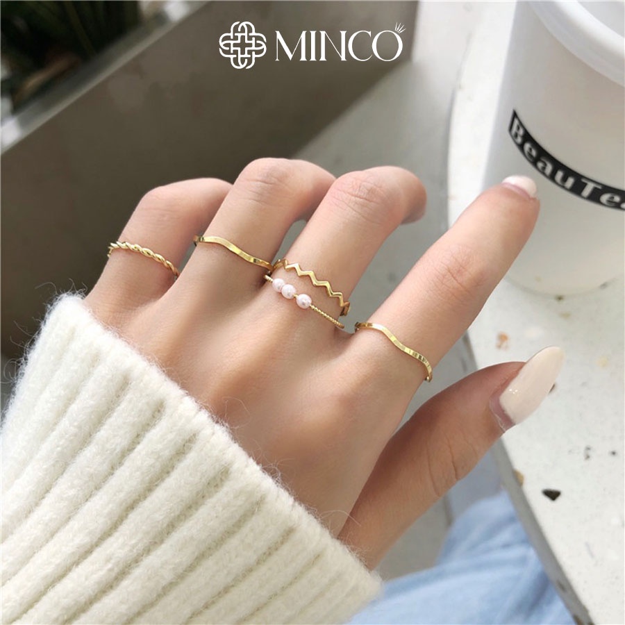 Set 5 nhẫn nữ xinh Minco Accessories phối ngọc trai nhân tạo thanh lịch phong cách Hàn Quốc SE05