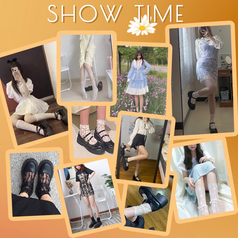 Tất cổ cao ren nữ dập nổi hoa xinh xắn, tất vớ lụa phong cách Lolita đáng yêu, tất ren mịn màng Floral hoa hòe