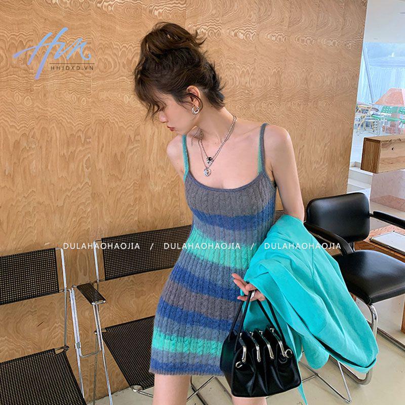 Áo Dệt Kim Hai Dây Dáng Rộng Họa Tiết Kẻ Sọc Màu Sắc Tương Phản Phong Cách Hong Kong Thời Trang Mùa Xuân 2023