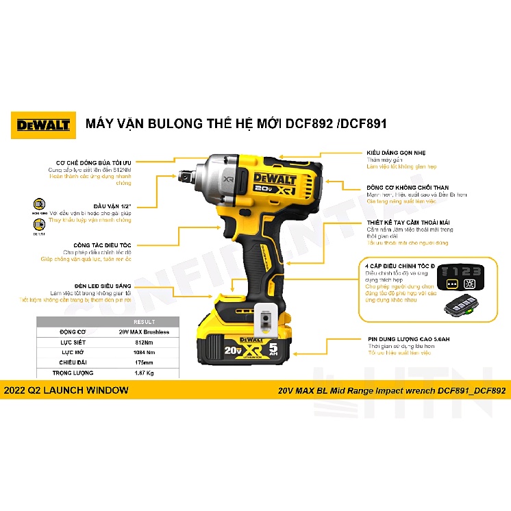 Máy siết bu lông 18-20V Max Dewalt DCF891, DCF891M1, DCF891M2, DCF891P1, DCF891P2, DCF891T1, DCF891Y1, DCF891X1