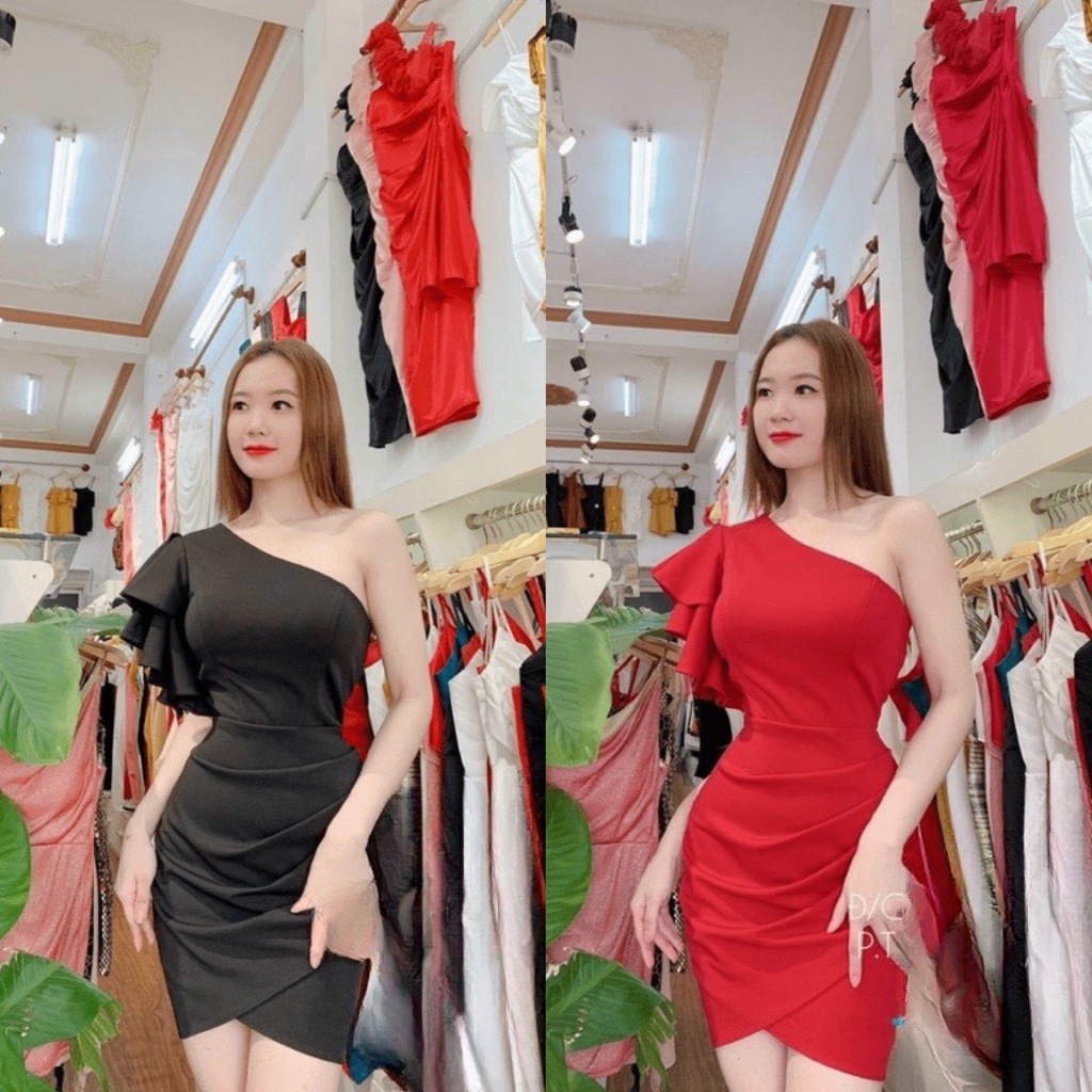 Đầm body lệch vai nhún bèo đi tiệc Bigsize Kim Ngân từ 50kg đến 100kg (M/L/XL/XXL)(đầm body)(đầm đi tiệc)