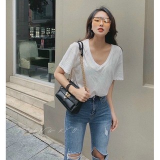 Áo thun cổ tim basic chất cotton lụa thái bao đẹp