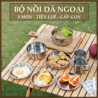 Bộ nồi dã ngoại 8 món có túi đựng - Bộ nồi du lịch inox du lịch cắm trại camping