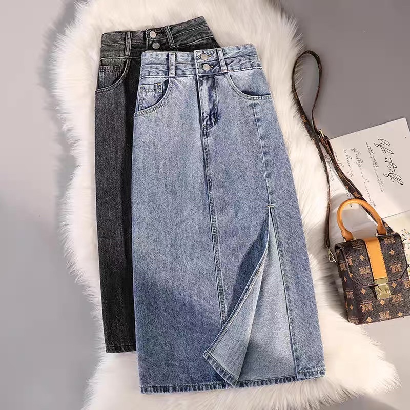 Chân váy bò nữ dáng dài xẻ tà , váy xẻ 2 màu 2 cúc cúc jeans Chữ A Lưng Cao Thời Trang Cho Nữ kèm ảnh thật